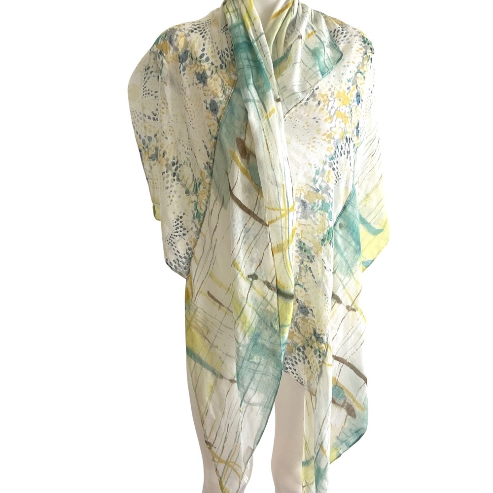 Rachel Rachel Roy Women Abstract Watercolor Print Scarf Teal Yellow White Sheer